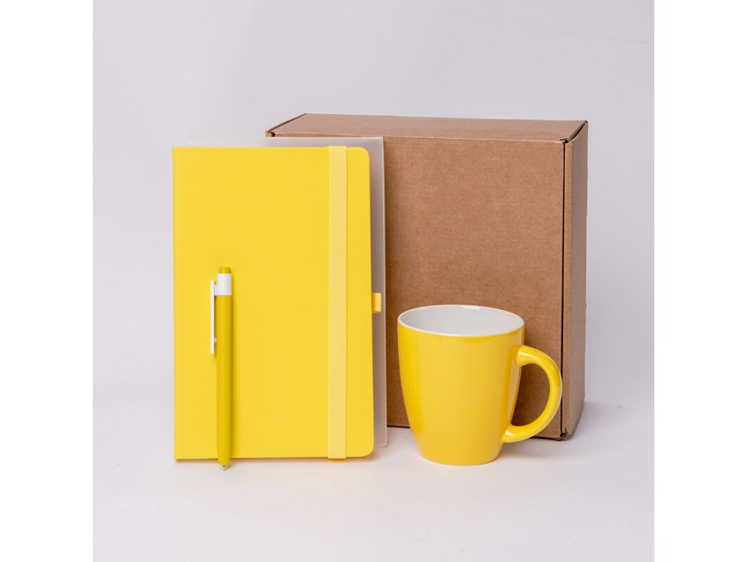 Подарочный набор JOY: блокнот, ручка, кружка, коробка, стружка; жёлтый, Жёлтый