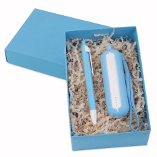 Набор SEASHELL-1: универсальное зарядное устройство (2000 mAh) и ручка в подарочной коробке, голубой, белый