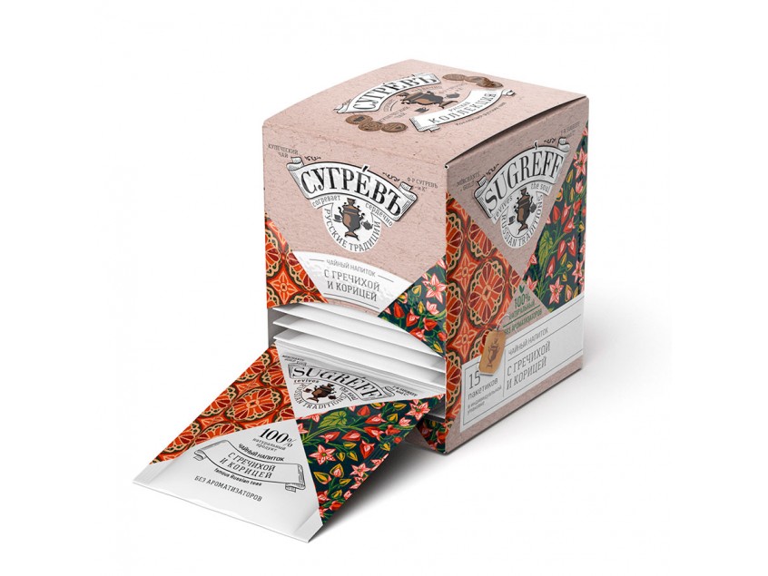 Чайный напиток с гречихой и корицей в индивидуальном саше конверте, 15 пакетиков, Разные цвета
