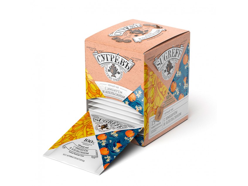 Черный чай с имбирем и апельсином в индивидуальном саше конверте, 15 пакетиков, Разные цвета