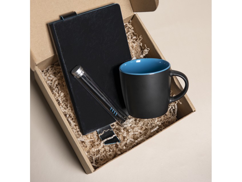 Набор подарочный DESKTOP: кружка, ежедневник, ручка,  стружка, коробка, черный/голубой, Черный