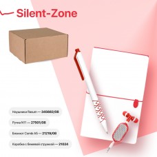 Набор подарочный SILENT-ZONE: бизнес-блокнот, ручка, наушники, коробка, стружка, бело-красный, Белый