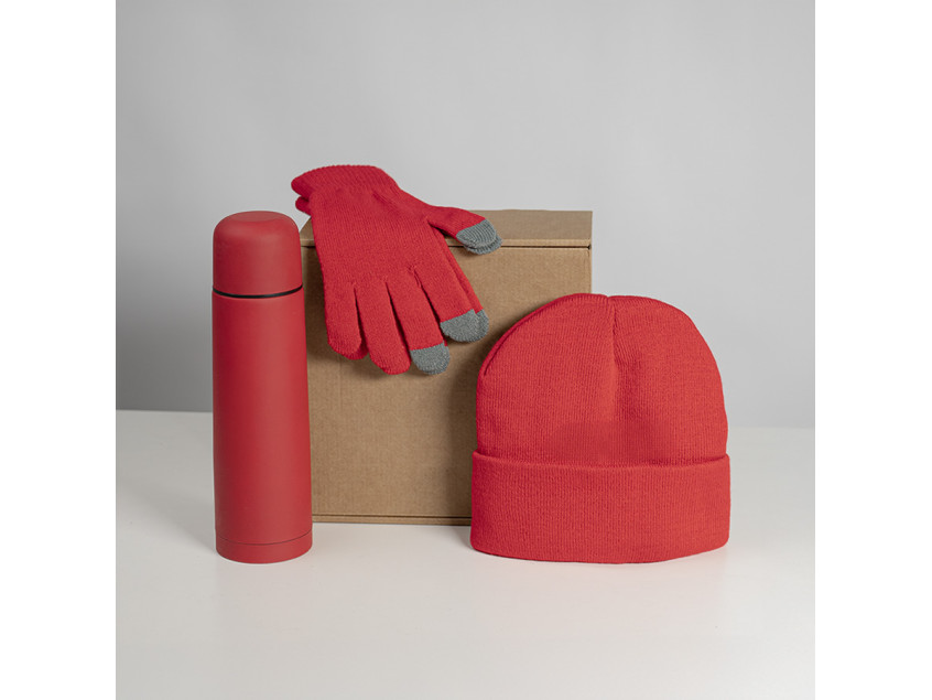 Набор подарочный GET WARM: перчатки, шапка, термос; красный