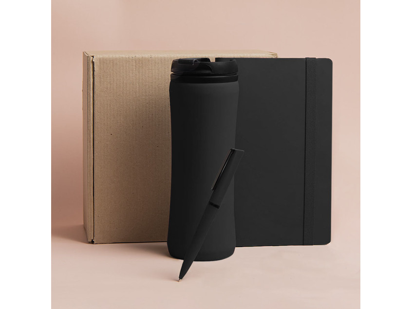 Набор подарочный OFFICEKIT: термос, ежедневник, ручка,  стружка, коробка, черный, Черный