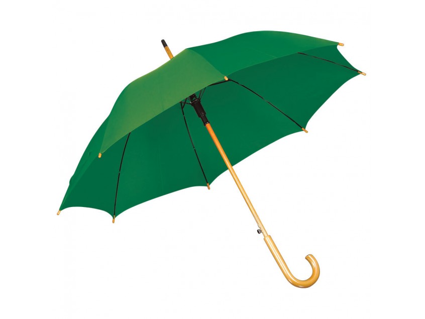 Зонт-трость с деревянной ручкой, полуавтомат, Зеленый