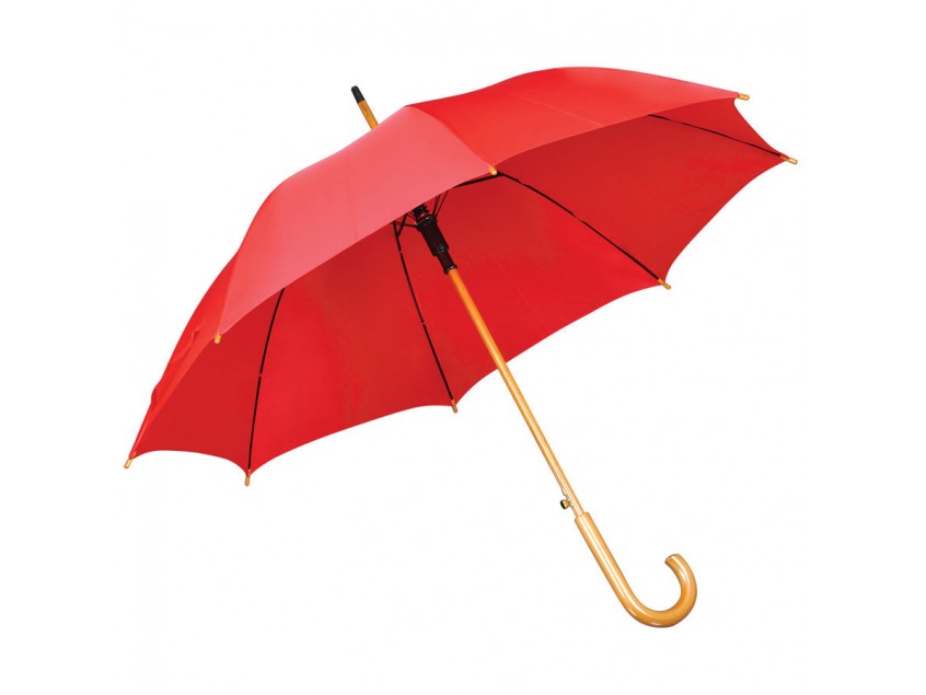 Зонт-трость с деревянной ручкой, полуавтомат, Красный