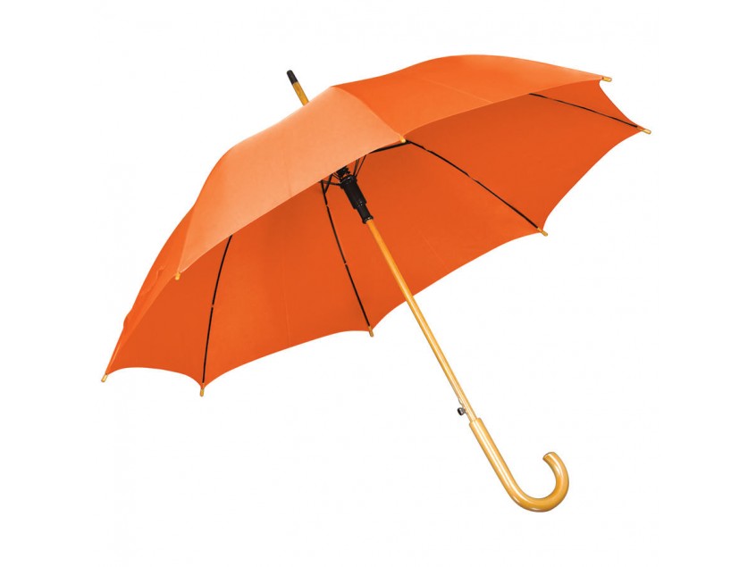 Зонт-трость с деревянной ручкой, полуавтомат, Оранжевый