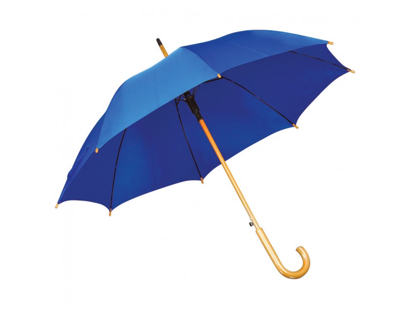 Зонт-трость с деревянной ручкой, полуавтомат, Синий