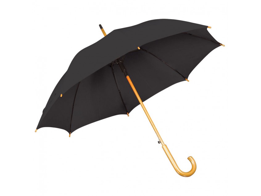 Зонт-трость с деревянной ручкой, полуавтомат, Черный