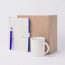 Набор подарочный : кружка, блокнот, ручка, коробка, стружка, белый с синим, Белый