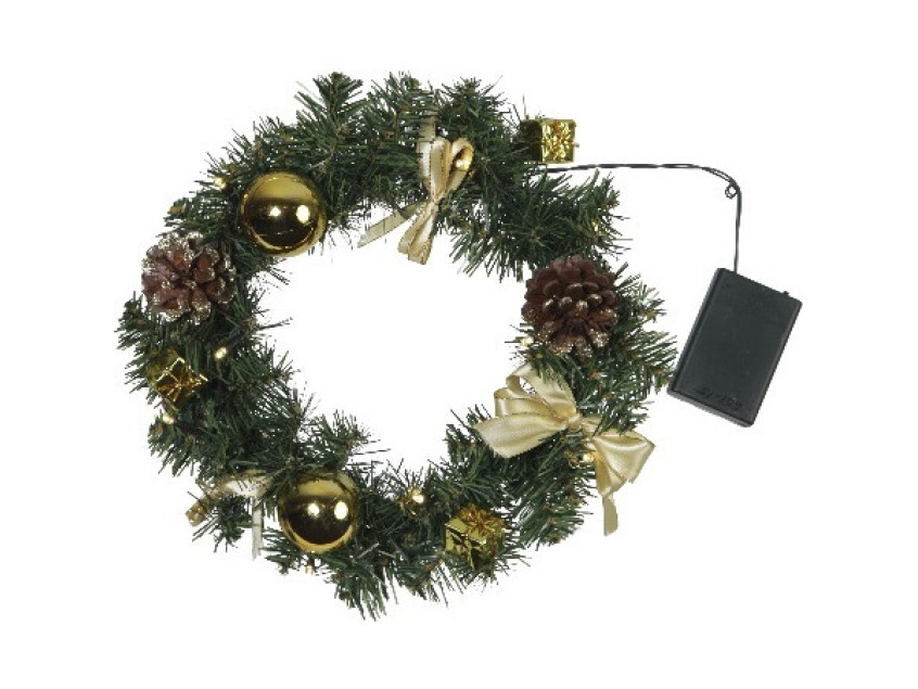 Венок еловый DECORAGE, диаметр 30 см, 10 LED ламп, на батарейках, зелёная хвоя, золотистые украшения