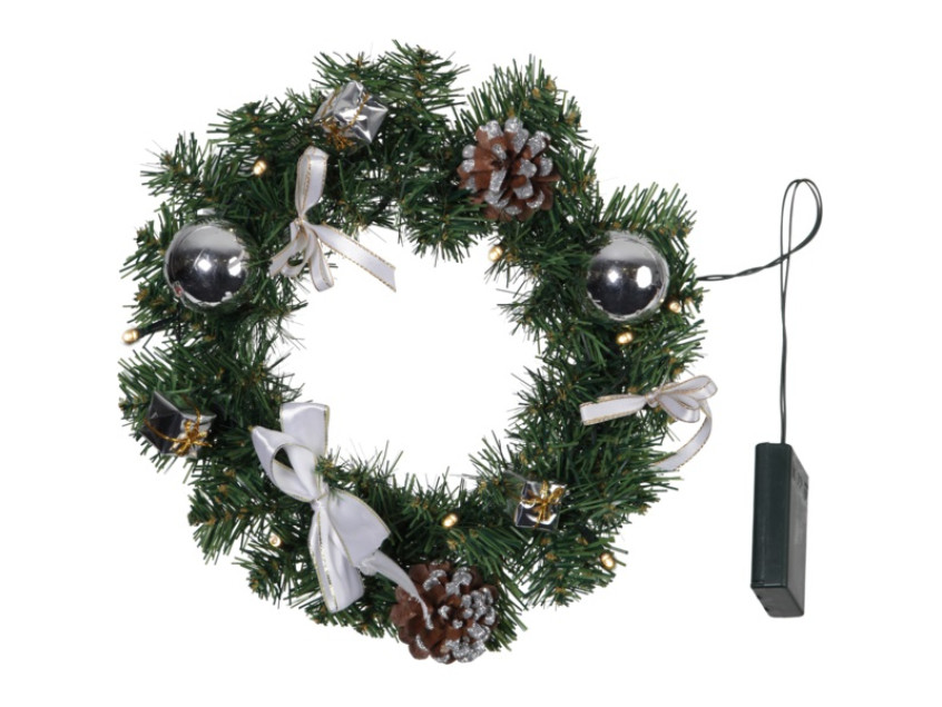 Венок еловый DECORAGE, диаметр 30 см, 10 LED ламп, на батарейках, зелёная хвоя, серебристые украшени