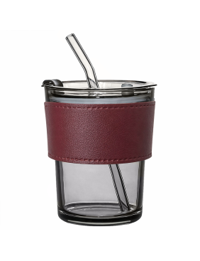 Стакан стеклянный с трубочкой и капхолдером Karamel, бордовый.