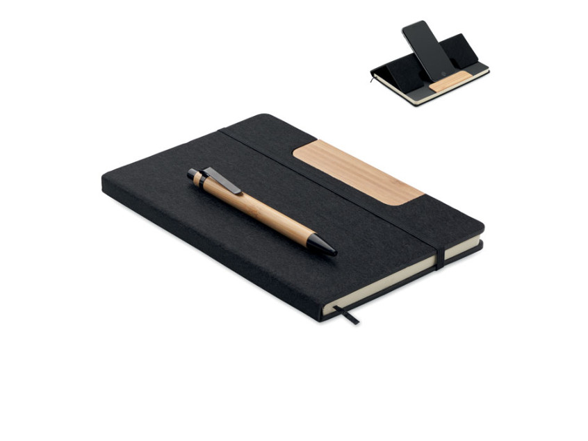 Блокнот А5 в обложке RPET с подставкой для телефона и бамбуковой ручкой