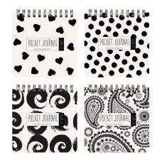Блокнот "POCKET JOURNAL" 105 х 105 мм, (4 ВИДA) НА ГРЕБНЕ "BLACK&WHITE"