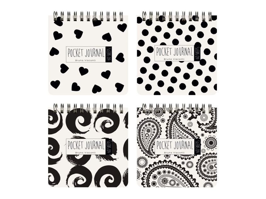 Блокнот "POCKET JOURNAL" 105 х 105 мм, (4 ВИДA) НА ГРЕБНЕ "BLACK&WHITE"