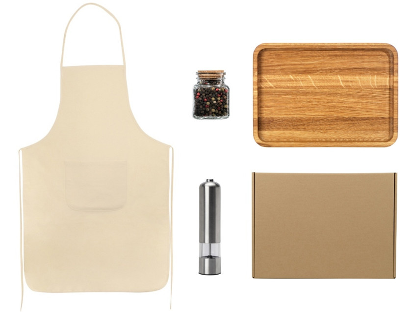 Подарочный набор для кухни с фартуком, подносом, мельницей и специями