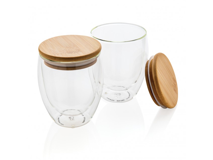 Набор стаканов из боросиликатного стекла с двойными стенками и бамбуковой крышкой, 250 мл, 2 шт.