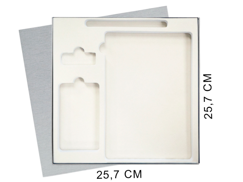 Коробка подарочная Solution Superior Linen, серебро, 25,7x25,7, с вырубкой под ежедневник/ручку/флешку/пауэрбанк 7,0х11,7