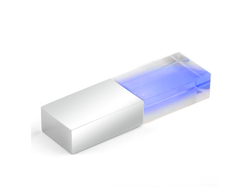 Флеш накопитель USB 2.0 Кристалл, металл/стекло, прозрачный/серебристый, подсветка синим, 32 GB