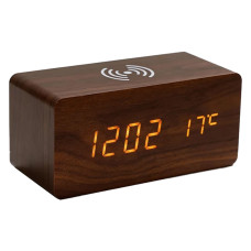 Часы настольные Wireless Time Hub с беспроводной зарядкой, термометром, календарем, темно-коричневые Часы настольные Wireless Time Hub с беспроводной зарядкой, термометром, календарем, темно-коричневые