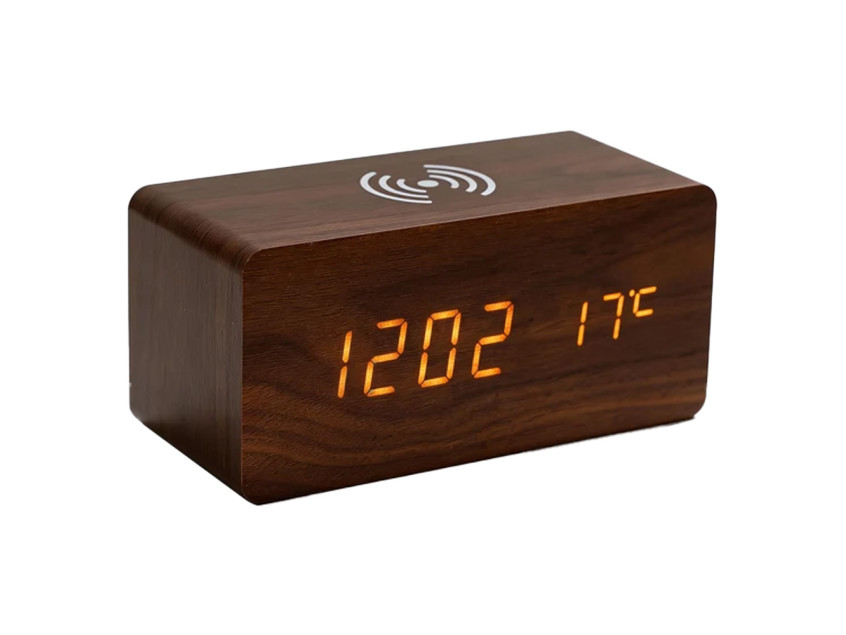 Часы настольные Wireless Time Hub с беспроводной зарядкой, термометром, календарем, темно-коричневые