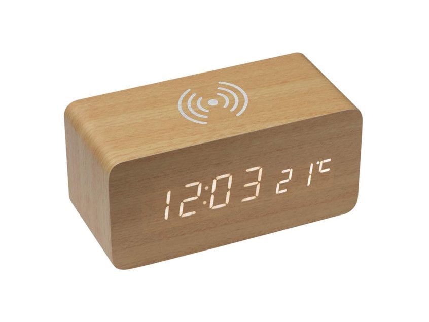 Часы настольные Wireless Time Hub с беспроводной зарядкой, термометром, календарем, светло-коричневые