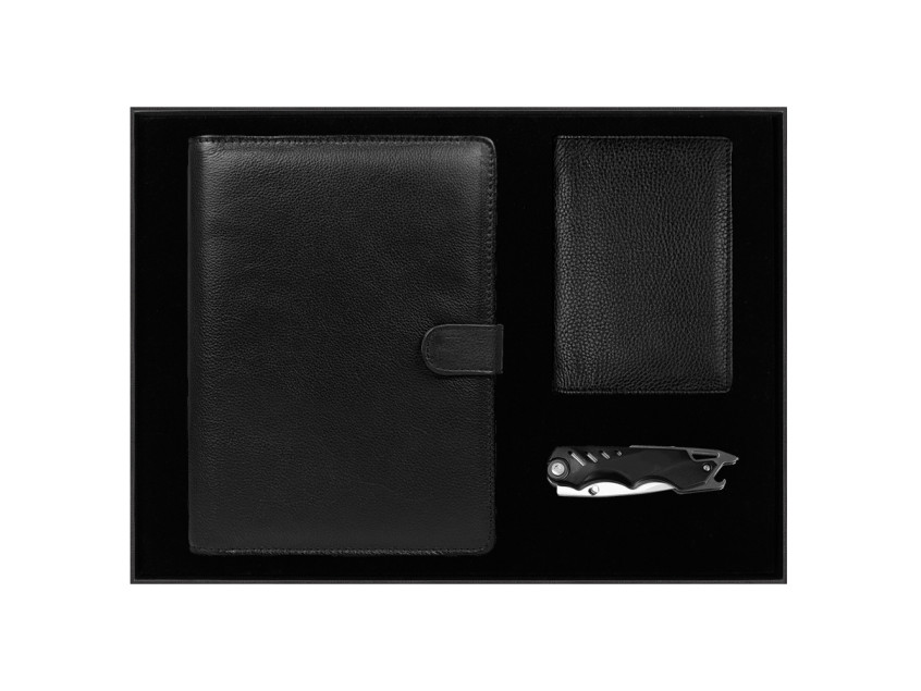 Набор подарочный Solution Prestige Quadro (Блокнот Flexy Forest Urban Latte в суперобложке Country Leather Sky, обложка для автодокументов Leather Sun, нож складной Tools Impression)