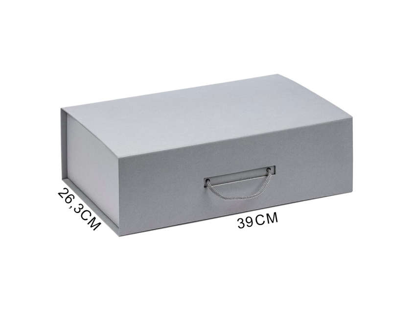 Подарочная коробка, размер 39*26,3*11 см, Solution Prestige Big Case Linen с магнитным клапаном и ручкой , с EVA ложементом 36,8*25,1*4 см под индивидуальную вырубку, серебристая