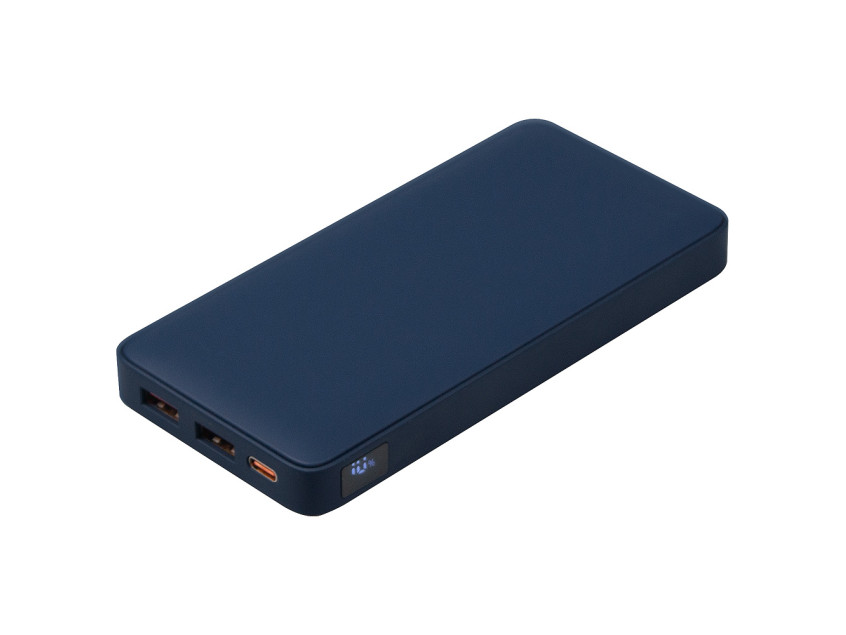 Внешний аккумулятор (powerbank)  «WeCharge Soft Touch»,  10 000 mAH, Power Delivery (PD) 25.5W, со светящимся логотипом после гравировки, c цифровым дисплеем для контроля заряда, темно-синий