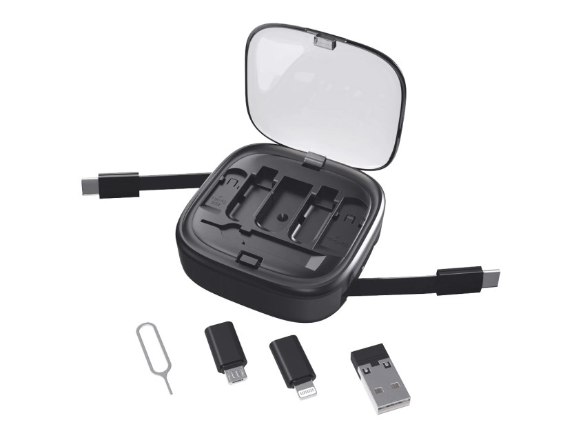 Кабель зарядный выдвижной USB Solid Link 5-в-1 на Lightning, Micro-USB, Type-C «U50» 2,4 A, C to C, Quick Charge с подставкой для телефона, квадратный, черный