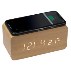 Часы настольные Wireless Time Hub с беспроводной зарядкой, термометром, календарем, темно-коричневые