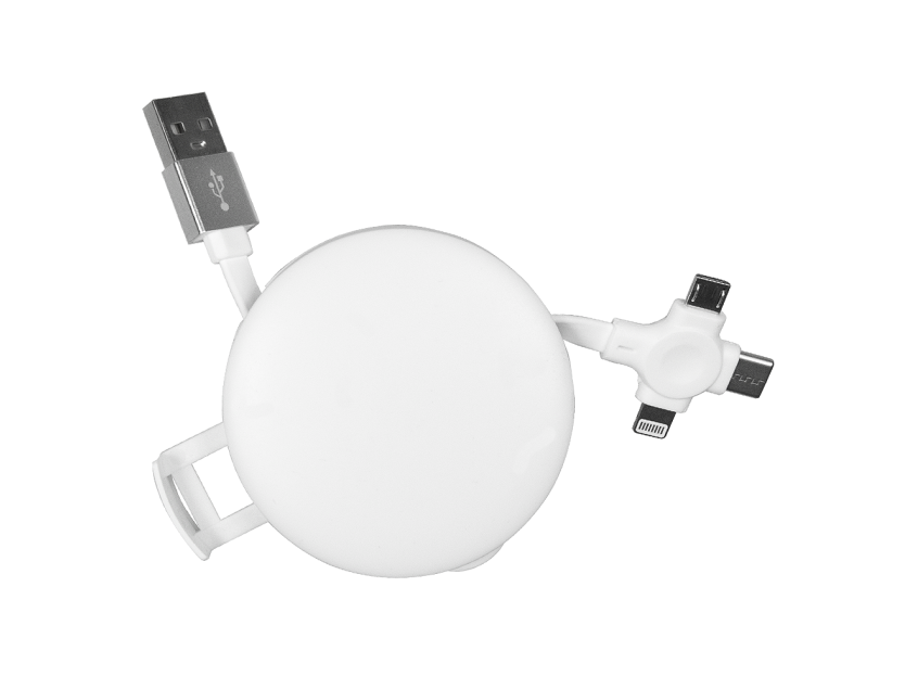 Кабель зарядный выдвижной USB Wingle  3-в-1 на Lightning, Micro-USB, Type-C «U50»  2,4 A, Quick Charge с подставкой для телефона, белый