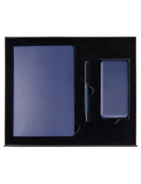 Набор подарочный Solution Prestige Trio (Ежедневник Flexy Latte Color А5, Внешний аккумулятор (powerbank) «Amper», Ручка Grand Attashe металлическая,) в подарочный коробке, темно-синий