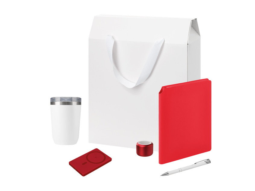 Подарочный набор Welcome Pack Premium, красный (термокружка, колонка, ежедневник, ручка, ЗУ, коробка-пакет)