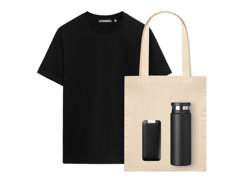 Набор с одеждой KRIS (футболка, аккумулятор, термобутылка, шоппер), черный, M