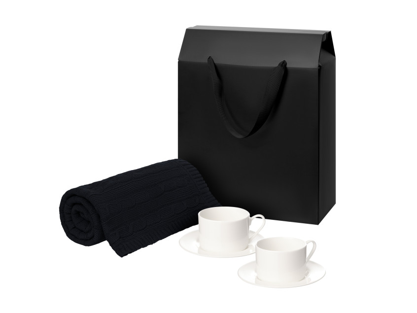 Подарочный набор Mokko, Fado, темно-синий в черной коробке-пакете (две чайных пары, плед)