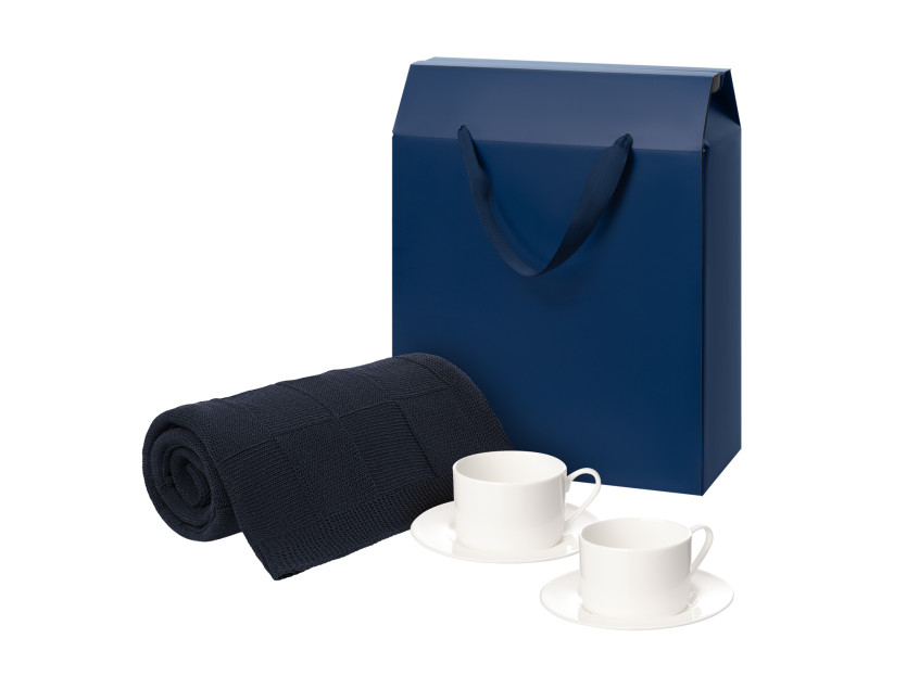 Подарочный набор Mokko, Сella, синий в коробке-пакете (две чайных пары, плед)