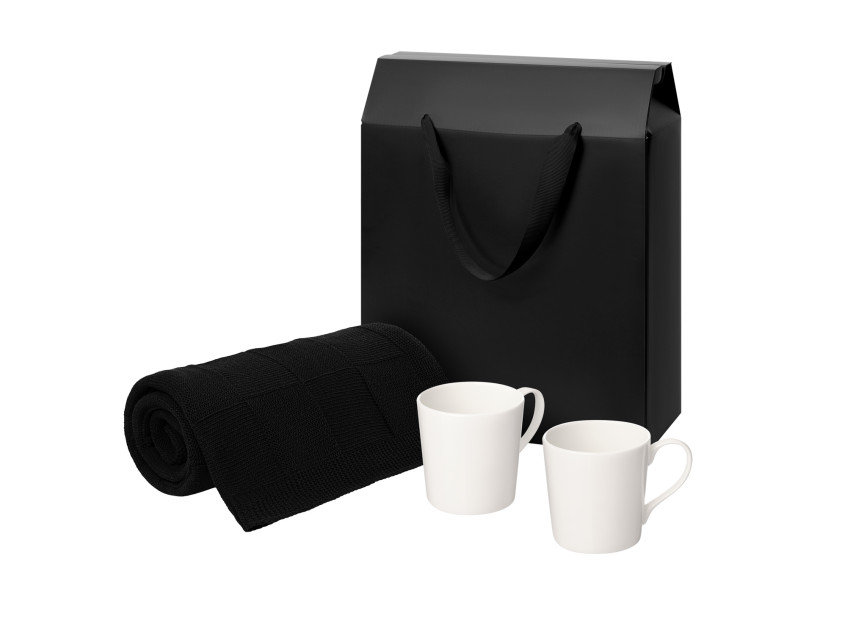 Подарочный набор Siena, Cella, черный в коробке-пакете (две фарфоровых кружки, плед)