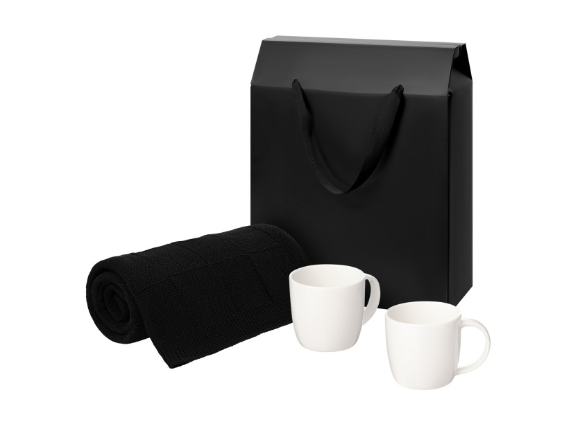 Подарочный набор Dafna, Cella, черный в коробке-пакете (две фарфоровых кружки, плед)
