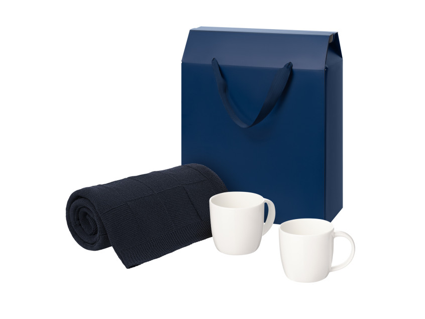 Подарочный набор Dafna, Cella, синий в коробке-пакете (две фарфоровых кружки, плед)