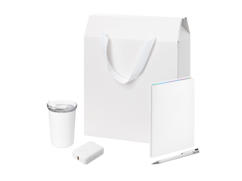 Подарочный набор Велком Пак (Welcome Pack), белый (термокружка, ежедневник, ручка, ЗУ, коробка-пакет)