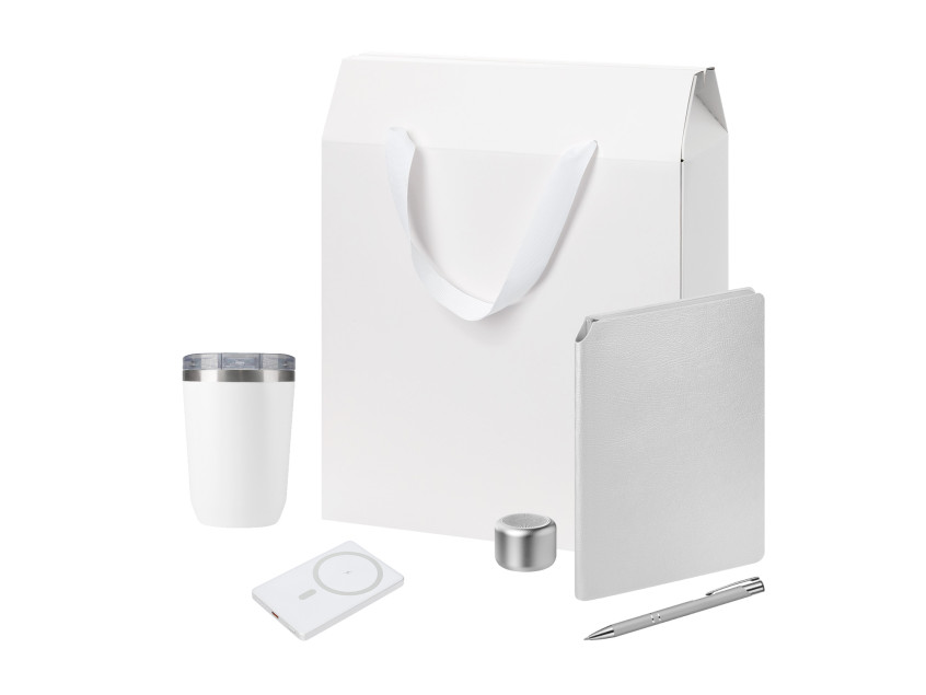 Подарочный набор Велком Пак Премиум (Welcome Pack Premium), серебряный (термокружка, колонка, ежедневник, ручка, ЗУ, коробка-пакет)