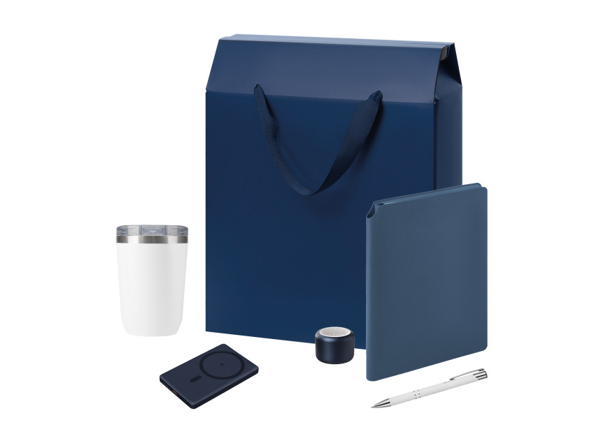 Подарочный набор Велком Пак Премиум (Welcome Pack Premium), синий (термокружка, колонка, ежедневник, ручка, ЗУ, коробка-пакет)