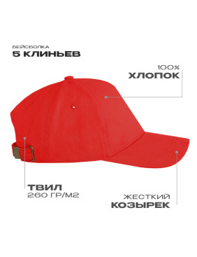 Бейсболка STAN 5 клиньев хлопок 260, 12, Красный