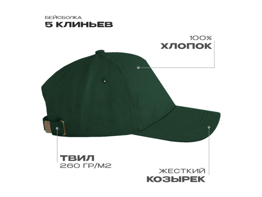Бейсболка STAN 5 клиньев хлопок, 260, 112, Тёмно-зелёный