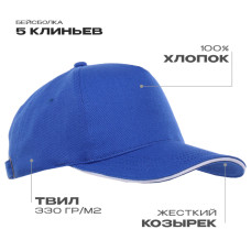 Бейсболка с кантом STAN 5 клиньев хлопок 330, 04, Синий