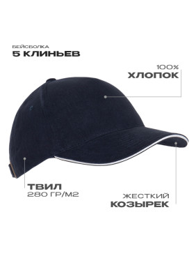 Бейсболка с кантом STAN 5 клиньев хлопок 280, 11K, Тёмно-синий