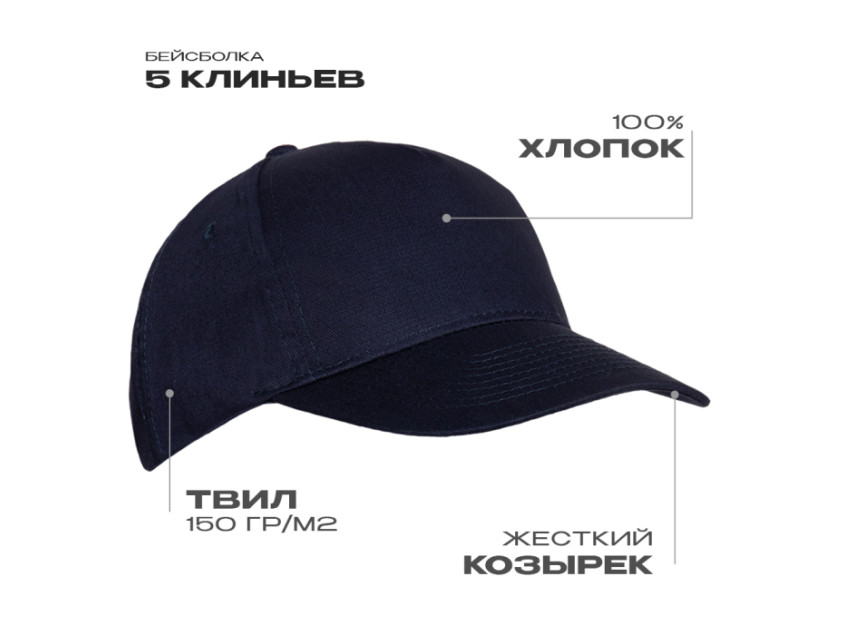 Бейсболка STAN 5 клиньев хлопок 150, 10L, Тёмно-синий