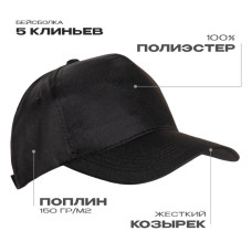 Бейсболка STAN 5 клиньев полиэстер 150, 10P, Чёрный